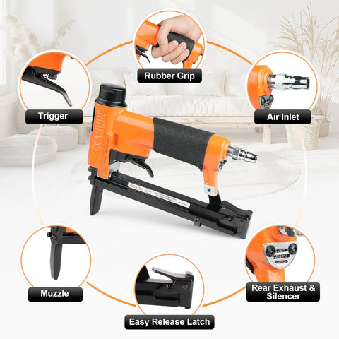 Pro-Grade 22 Gauge Pneumatic Upholstery Stapler With Long Nose Reach, 3/8-Inch Crown, 1/4-Inch To 5/8-Inch Staples, Heavy-Duty Fine Wire Stapler For Furniture And Upholstery Projects