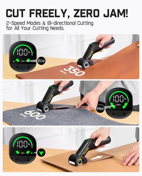 C10 Pro BowGuide Electric Cardboard Cutter Cordless Scissors cutting fabric and cardboard, LED display shown