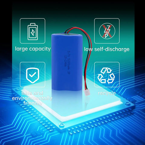 Beefy 5200mAh 3.7V Lithium Rechargeable Battery Pack With JST 2 Pin Connector, shown with benefits on a digital interface background