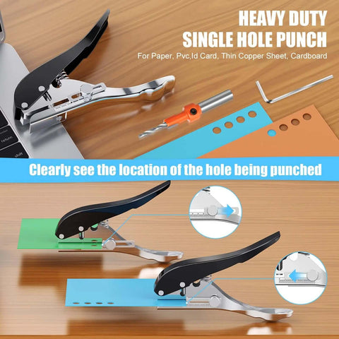 8mm Heavy Duty Hole Punch Tool For Paper And Card Projects, Portable handheld puncher on desk with punched papers