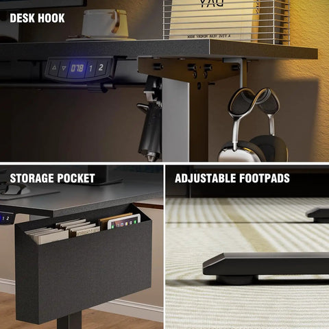 L Shaped Electric Standing Desk With Memory Presets 63 Inch Corner Sit To Stand Desk Adjustable Height With hook, pocket, footpads