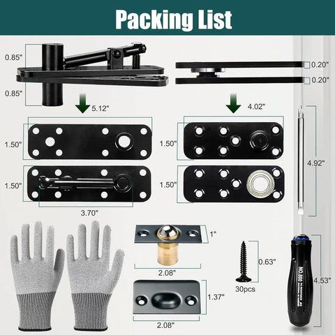 Packing list for Heavy Duty Hidden Door Pivot Hinge For 360 Degree Rotation, 573 Lb Load Bearing, Stainless Steel Concealed Door Hardware By Tuykay