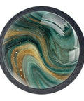 Premium Green Marble Drawer Knobs And Cabinet Pulls 4 Pack Round Single Hole Handles With Screws Quick Swap Game Changer For Kitchen Bathroom Vanity Upgrade And Trendy Farmhouse Home Decor - Round green marble knob with gold accents.