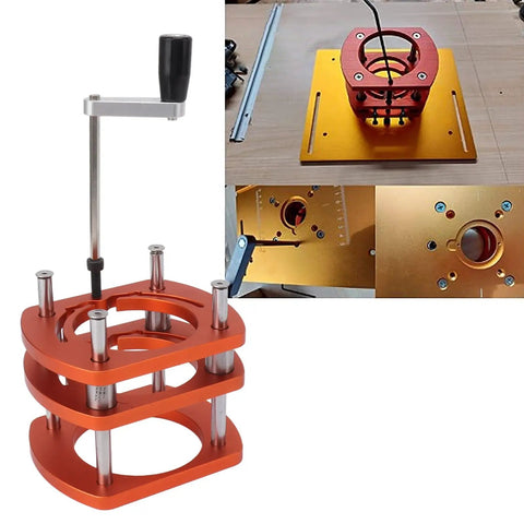 Heavy Duty Metal Router Lift Base Kit With Four Jaw Clamp And Smooth Crank Handle For Woodworking Tables, orange metal, height adjustment
