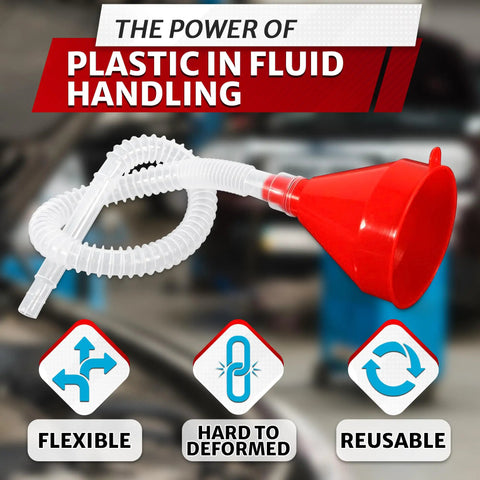 Long 23 Inch Wide 3 Inch Funnel With Flexible Hose For Transmission Fluid And Engine Oil Reaches Deep Dipstick Tubes And Narrow Filler Necks Ideal For Engine Bay Access Also Pours Coolant And Brake Fluid For Diy Mechanics displayed with flexibility and durability icons.