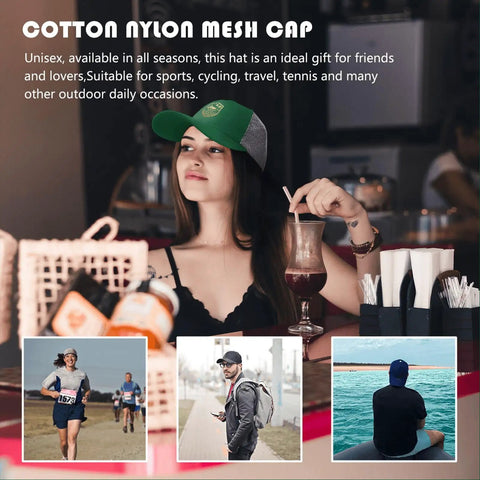 Green Women's Trucker Hats Bundle For Everyday Style And Dope Cap Game worn by woman in casual indoor setting
