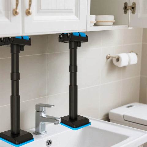 No Sweat Adjustable Telescopic Furniture Lifter Brackets With Heavy Duty 220 Pound Support Jack For Bathroom Vanities Undermount Sinks And Kitchen Cabinets Stress Free Setup Built Solid under a cabinet