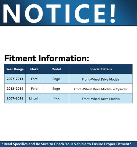 Fitment chart for Pair Of Front Cv Axle Assemblies Fwd Fits 2007 To 2014 Ford Edge And Lincoln Mkx with year and model details.