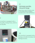 Top Shelf Pneumatic Piston Filler With Dual Stainless Steel Nozzles And Heating Stirring System Smooth No Drip Nonsense Liquid Paste Machine For Honey Cream Lotion Oil Cosmetics 110V discharge assembly and mixing motor close-up