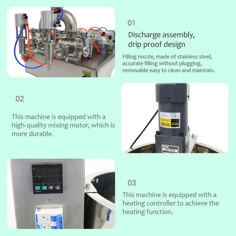 Top Shelf Pneumatic Piston Filler With Dual Stainless Steel Nozzles And Heating Stirring System Smooth No Drip Nonsense Liquid Paste Machine For Honey Cream Lotion Oil Cosmetics 110V discharge assembly and mixing motor close-up