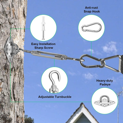 Heavy Duty 304 Stainless Steel Shade Sail Hardware Kit For 6 Inch Installations showing attachment on tree and components