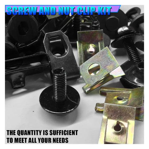 100Pcs Universal Car Body Screws And Bolts Assortment Kit With Plastic Rivet U Clamps For Undertray Splash Shield Retainer Clips close-up view of metal screws and clips.