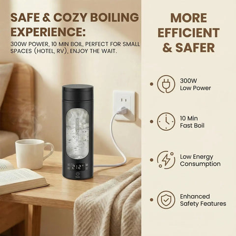 Slick Compact Travel Electric Kettle One Twenty Volt With Adjustable Temp Settings Fast Boil Portable Hot Water Maker on a table next to a cup.