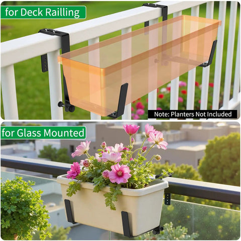 Adjustable Window Box Brackets Set, Heavy Duty Iron Planter Brackets For Railings, Easy Install Displayed on Fences, Black