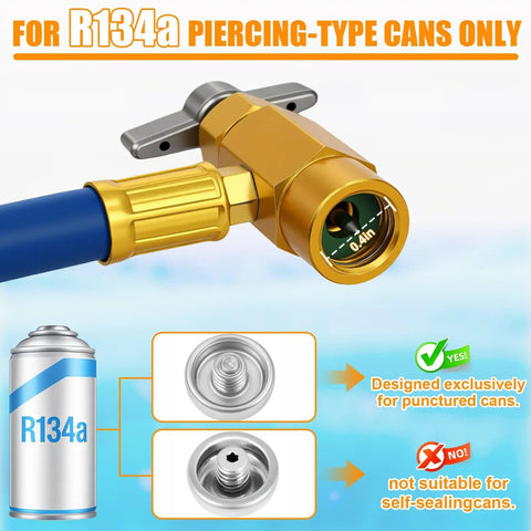 R134A Car AC Refrigerant Charge Hose Kit With Gauge And Built In Safety Valve, Piercing Type Can Tap Only, Half Inch Thread