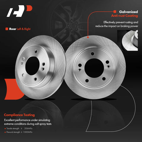 Rear Drilled And Slotted Disc Brake Rotors And Ceramic Pads Kit And Wheel Bearing Hub Assembly For Hyundai Elantra Coupe GT Veloster Kia Forte Forte5 Forte Koup 8 Piece Set with anti-rust coating, rear view.
