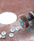 Top Tier 20 Pack Abrasive Flap Wheel Sanders With 80 Grit for grinding rust, featuring 80 grit flap wheel on metal surface.