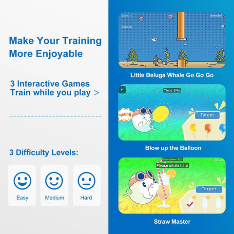 Three interactive games on digital lung trainer with app and Bluetooth, 6 level inhale resistance for asthma and COPD patients.