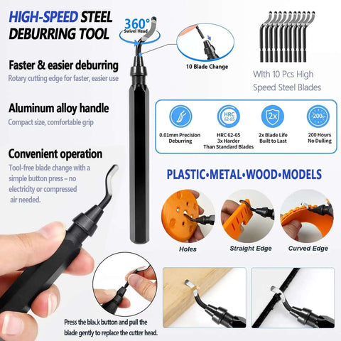 High-speed steel deburring tool with 10 high-speed blades, aluminum alloy handle, for plastic, metal, wood models. Easy rotation.