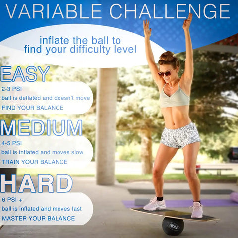 Woman balancing on Wooden Balance Board For Adults With Inflatable Ball Wobble Board For All Sports Gym And Standing Desk