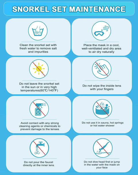 Graphic of snorkel set maintenance tips for All In One Dry Snorkel Set With Panoramic Wide View Mask, Anti Fog Scuba Diving Gear For Adults And Kids