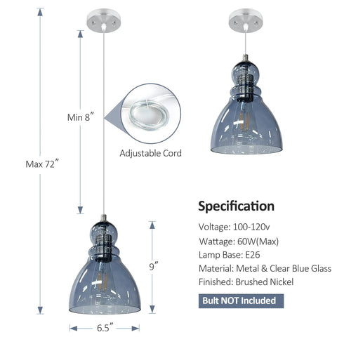 Blue Glass Pendant Lights For Kitchen Island, 6.5 Inch Handblown Glass Shades, Modern Industrial Ceiling Fixture, specifications