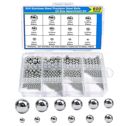 Stainless Steel Precision Bearing Balls 1mm To 8mm Mixing Kit With 600 Pieces Across 12 Sizes For Bearings CNC Machining DIY Projects And Hobbyist Gear Built Tough Heavy Duty Rust Resistant in organizer case