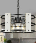 Three Light Farmhouse Drum Chandelier With White Drum Shade In Black Metal And Wood Finish Adjustable Height