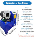 Rock Solid Electric Hose Crimping Machine With Ten Swappable Dies For Hydraulics And Steel Tubes Quick Change Design showing machine specifications and dimensions.