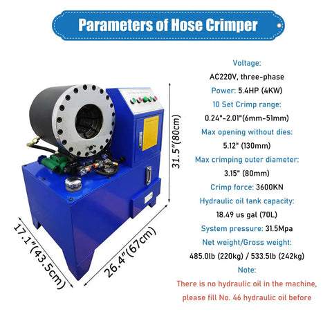 Rock Solid Electric Hose Crimping Machine With Ten Swappable Dies For Hydraulics And Steel Tubes Quick Change Design showing machine specifications and dimensions.