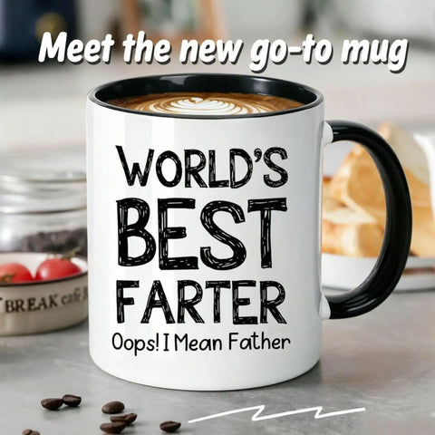 Funny 11oz Ceramic Coffee Mug For Dad, Double Sided Design Humor Gift For Fathers, Top Shelf Desk Drinkware with a cheeky graphic.