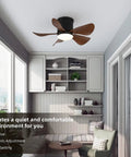 Flush Mount 30 Inch Ceiling Fan With Lights And Remote in a modern porch setting, featuring wooden ABS blades and quiet DC motor.