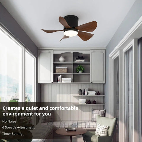Flush Mount 30 Inch Ceiling Fan With Lights And Remote in a modern porch setting, featuring wooden ABS blades and quiet DC motor.