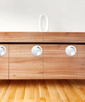 Four Pack Recessed Door Handles Round Hidden Concealed Pulls 2.75 Inch Flush Finger Pulls 304 Stainless Steel installed on wooden cabinets