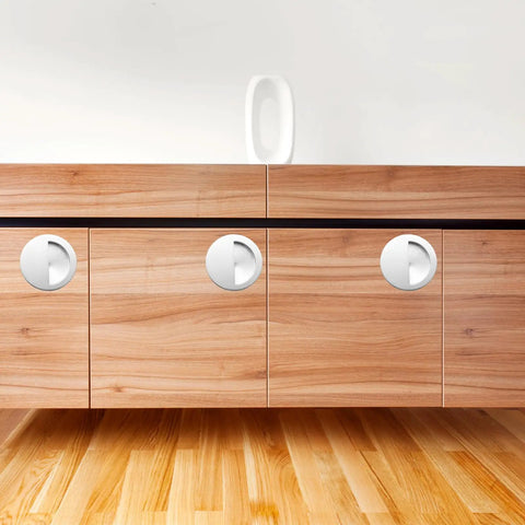 Two Pack Recessed Door Pulls 70mm Diameter Round Hidden Concealed 304 Stainless Steel Flush Finger Pull Handles installed on cabinets