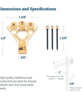 Diagram of 100 Lb Picture Hanging Hooks Set with dimensions and nails included, showing hook size and nail specifications for drywall and plaster.