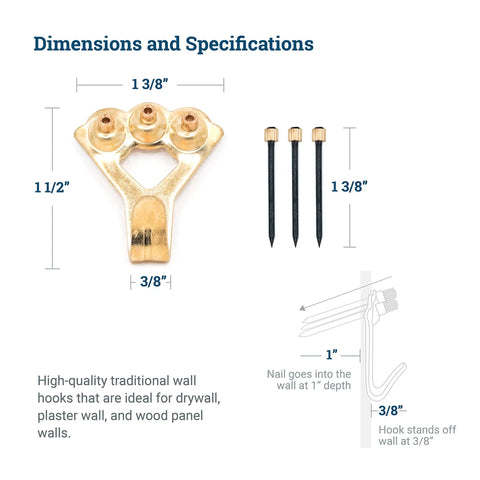 Diagram of 100 Lb Picture Hanging Hooks Set with dimensions and nails included, showing hook size and nail specifications for drywall and plaster.