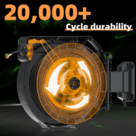 Heavy Duty Retractable Garden Hose Reel Workhorse Five Eighth Inch By One Hundred Feet with 20000+ cycle durability indicator