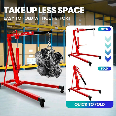 Heavy Duty 2 Ton Folding Hydraulic Engine Hoist Handling Up To 4000 Pounds showcasing engine lift in storage area, easy folding mechanism.