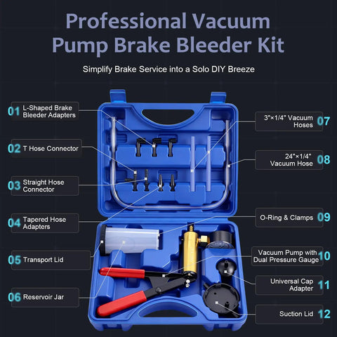 Handheld Brake Bleeder Kit With Vacuum Pump And Pressure Gauge For Cars Motorcycles ATVs Includes Hoses Adapters Reservoir All In One Brake Fluid Bleeding Tool Set For Easy One Person Automotive Vacuum Diagnostics, open case
