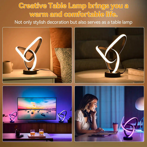 RGB LED Modern Table Lamp With 7 Colors, new spiral design, lighting up a cozy living room and office desk setting.