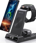 All In One 3 In 1 Wireless Charging Stand With Dimmable Clock And Nightstand Organizer For Galaxy Phones, Watches, And Buds