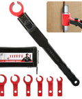 Six In One Door Hinge Adjustment Tool with six wrench sizes and storage case for hinges 0.39 to 0.98 inches, shown in use.