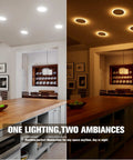VOLISUN 8 Pack 6 Inch 5CCT Recessed Light with Night Light, 12W=130W,1080LM shown in kitchen with two lighting ambiances.