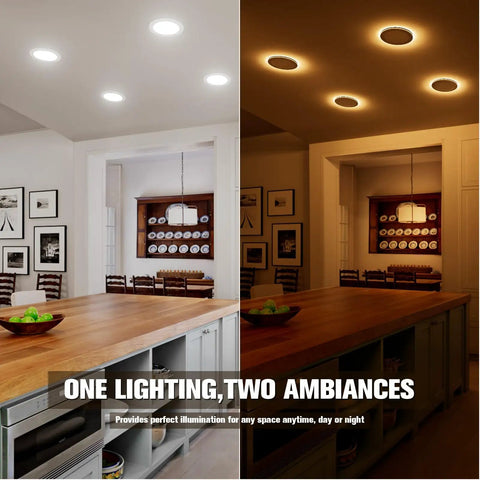 VOLISUN 8 Pack 6 Inch 5CCT Recessed Light with Night Light, 12W=130W,1080LM shown in kitchen with two lighting ambiances.