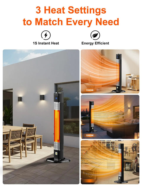 Electric Outdoor Patio Heater 1500W Infrared With 24H Timer And Remote Waterproof Quiet Portable 35 Inch Tower Space Heater showing heat settings