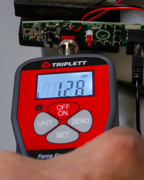 Digital Force Gauge For Tension And Compression With 110 Lb Capacity Peak Hold Backlit LCD High Accuracy 0.5 Percent Load Cell Measures Pull And Push Forces For QC Research And Field Testing on test fixture