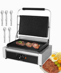 Heavy Duty 1800W Electric Sandwich Press Grill with Deep Fill Non Stick Plates cooking grilled meats with BBQ tongs beside.