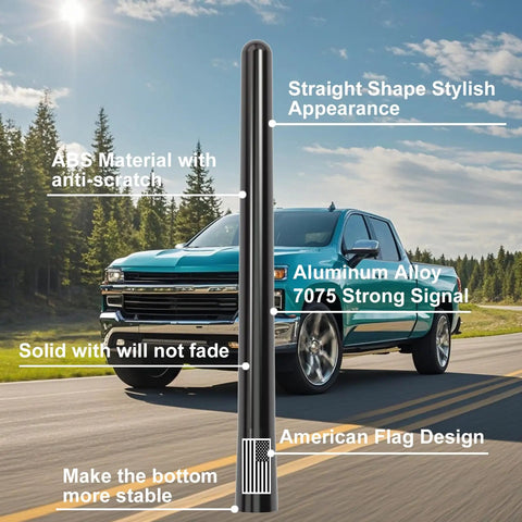 7 Inch Short Antenna With Dope American Flag Vibe And Tire Valve Caps For GMC Sierra Ram Chevy Silverado Ford F150 F250 F350 Super Duty Bronco Raptor Car Accessories Black with a blue Chevy truck in the background.