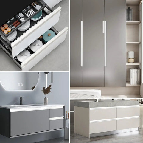 Concealed Cupboard Handles G Type Kitchen Pulls for Cabinets and Wardrobes in white aluminum, shown on drawers and doors